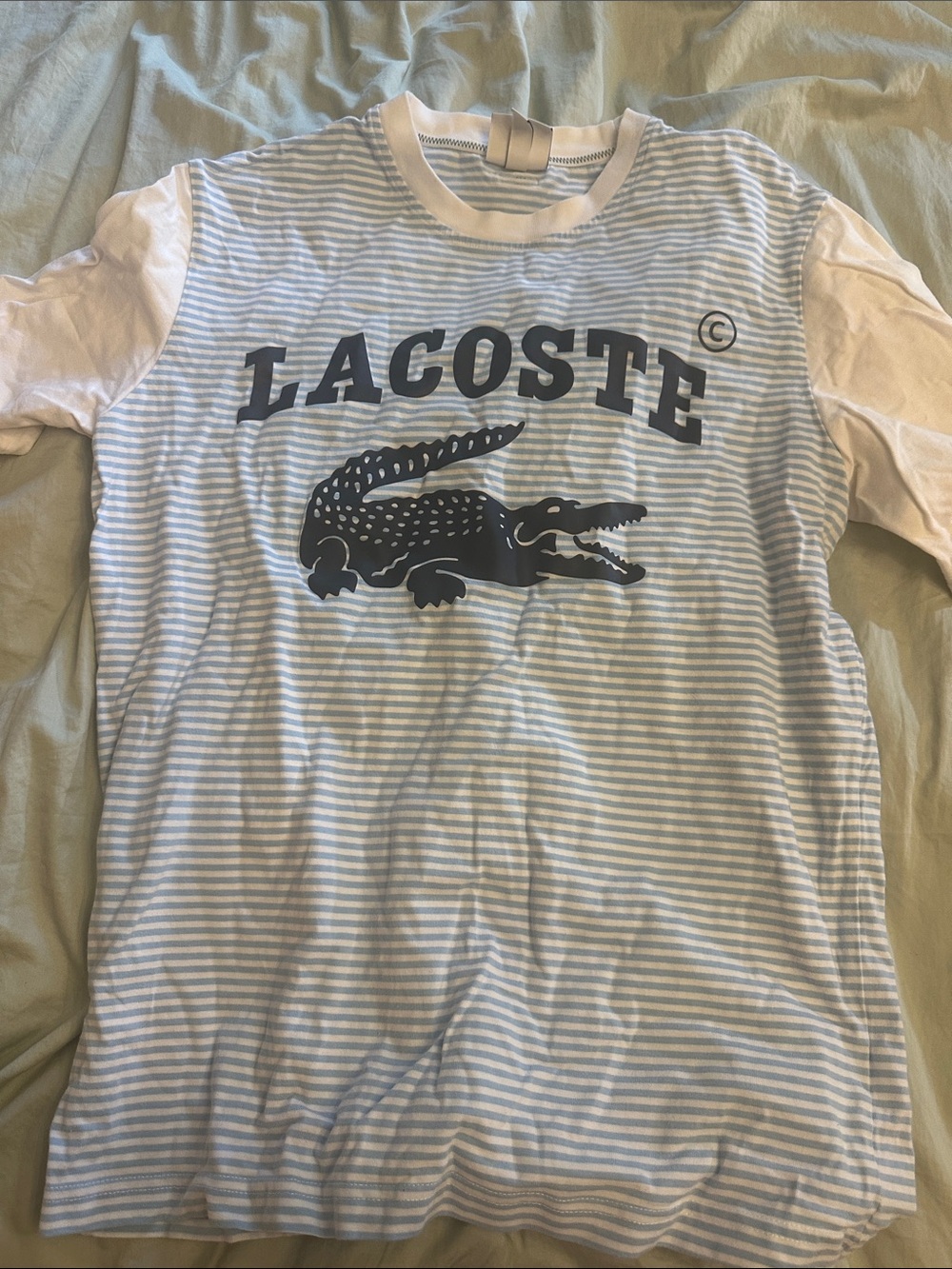 Lacoste Light Blue & White Striped Logo Tee